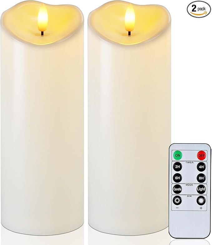 Raycare 8"x3" Outdoor Waterproof Flameless Candles with Remote and Timer, Battery Operated LED Electric Fake Pillar Candle for Christmas Home Wedding Decor, Ivory White, Set of 2