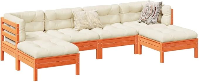 6 Piece Patio Sofa Set with Cushions, Front Porch Furniture Patio Conversation Set Garden Lounge Set Outdoor Dining Sets for Garden Negotiation Area Poolside Piazza Wax Brown Solid Wood Pine