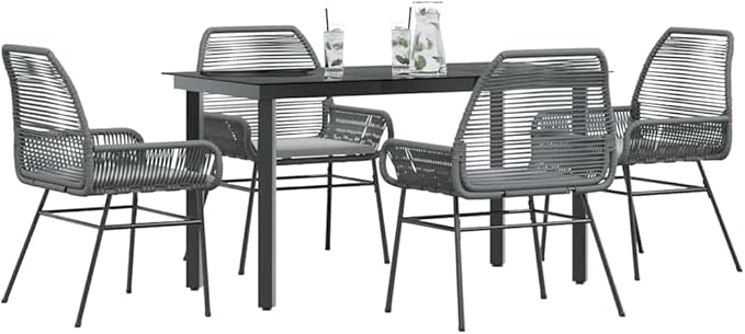vidaXL 5 Piece Patio Dining Set - Gray Poly Rattan Cushions - Outdoor/Patio/Garden Furniture - Glass Top Table & Armrest Chairs