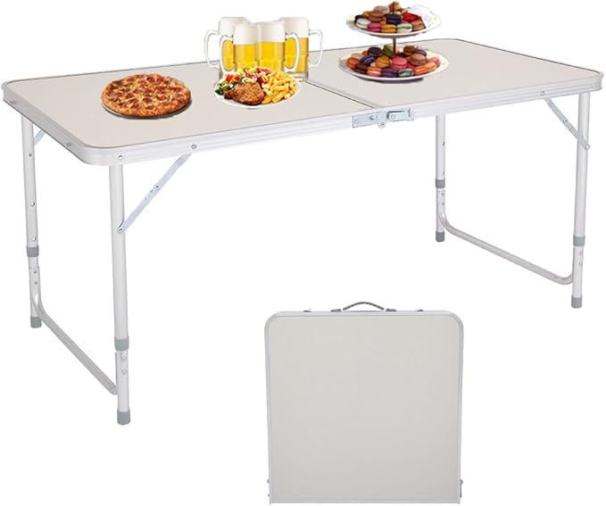4ft Portable Folding Camping Table,Outdoor Adjustable Foldable Picnic Camp Suitcase Table for Picnic, BBQ, Party, Beach,White