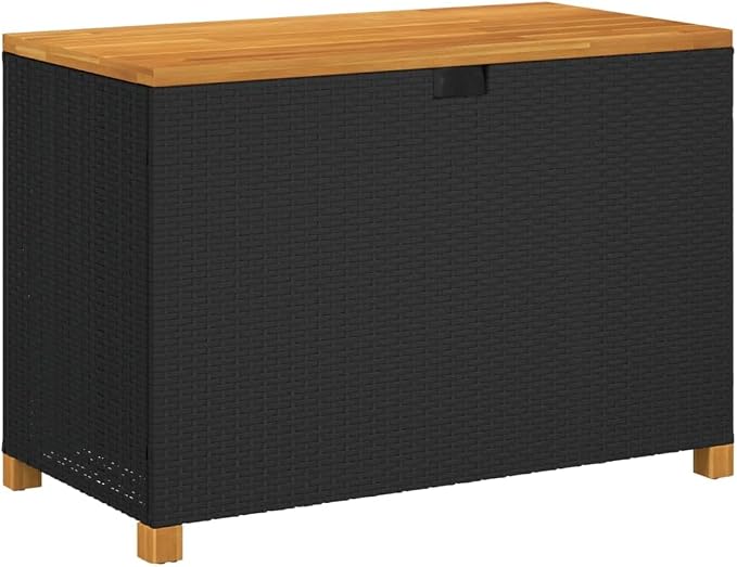 Patio Storage Box with Acacia Wood top, Outdoor Storage Container, Garden Storage Box Deck Box, Black 43.3"x21.7"x24.8" Poly Rattan Acacia Wood,-305