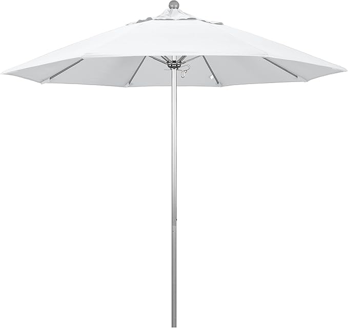 California Umbrella 9' Round Aluminum/Fiberglass Umbrella, Push Open, Silver Pole, Olefin White Fabric