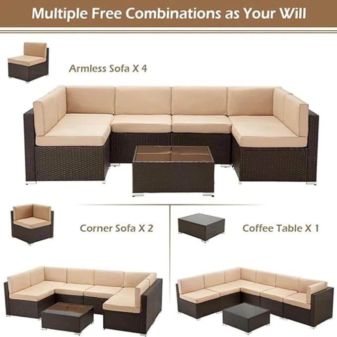 U-MAX 7 Piece Outdoor Patio Furniture Set with 30 Inch Fire Pit Table, PE Rattan Wicker Sofa Set, Outdoor Sectional Furniture Chair Set with Cushions and Tea Table, Brown Rattan&Beige Cushion