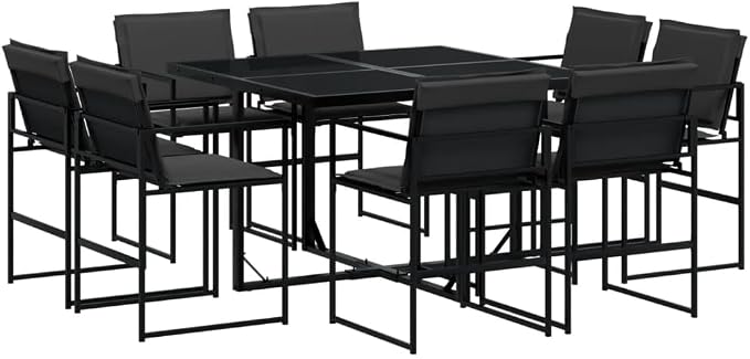 9 Piece Patio Dining Set with Cushions Black Textilene Outdoor Table and Chairs for Garden Backyard Dining Foldable Storage Space Saving Tempered Glass Tabletop UV Resistant Steel Frame