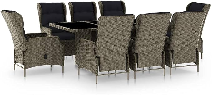 9 Piece Patio Dining Set with Cushions, Brown Poly Rattan Outdoor Furniture with Powder-Coated Steel Frame and Glass Tabletop