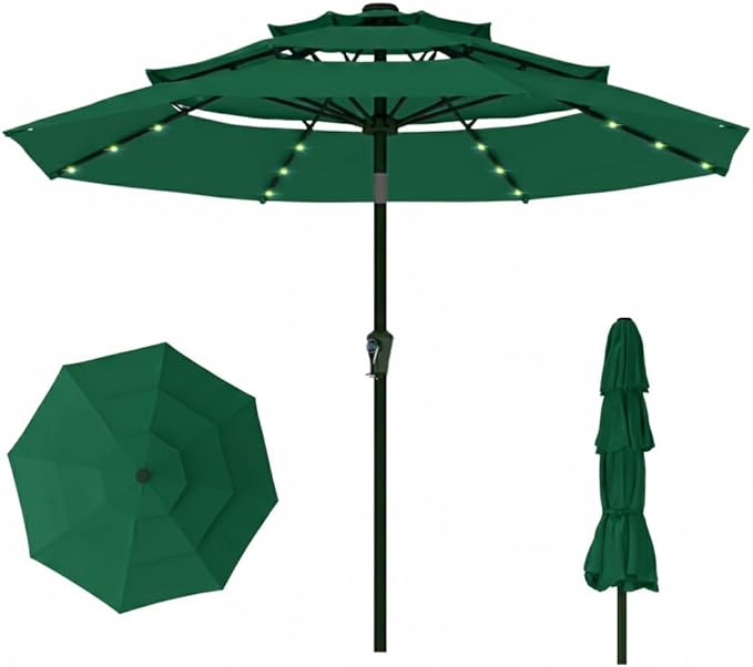 10ft 3-Tier Patio Umbrella with 32 Solar Powered LED Lights, Windproof Outdoor Market Umbrella for Deck, Poolside & Garden, Sturdy Push-Button Tilt Table Umbrella, Forest Green