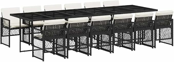 13 Piece Patio Dining Set, Poly Rattan Garden Table and Chairs with Cushions, Space-Saving Foldable Design for Backyard Balcony