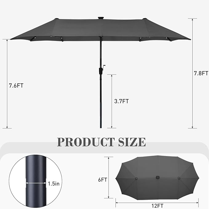 13 ft Patio Umbrella with 36 LED Lights, Large Rectangle Outdoor Solar Umbrella with Strap, Crank, Grey