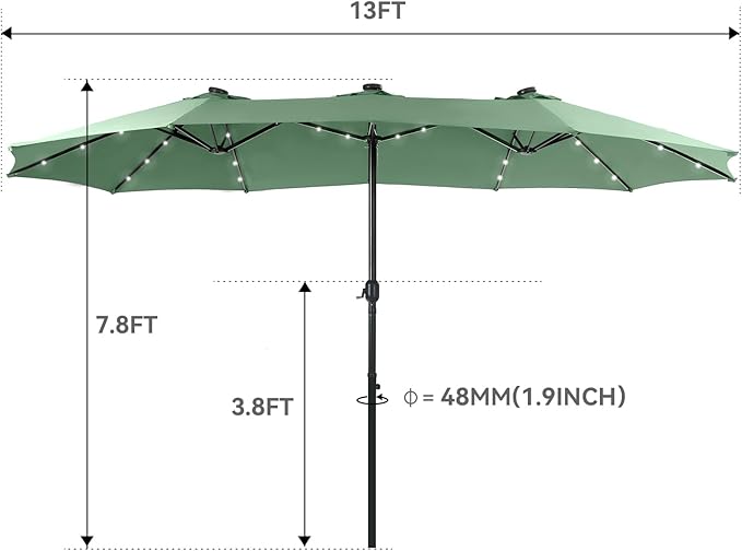 GREEN PARTY 15 ft Large Outdoor Patio Umbrella with Solar Led Lights & Base Included, Double-Sided Rectangular Table Umbrella with Stand, Market Umbrellas for Deck Poolside Garden Backyard, Mint Green