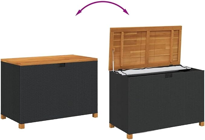 Outdoor Storage Box, 43 Inch Patio Deck Box with Acacia Wood and Poly Rattan, Storage Bench for Garden Cushions and Tools, Black, Rectangular Container