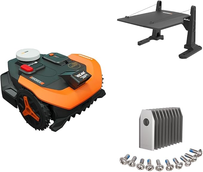 WORX Landroid Vision Cloud Robot Lawn Mower for 1/2 Acre, WR320 + Weatherproof Mower Storage Garage for Vision Cloud, WA0828 + Universal Lawn Mower Cutting Blades for Vision Cloud, WA0719