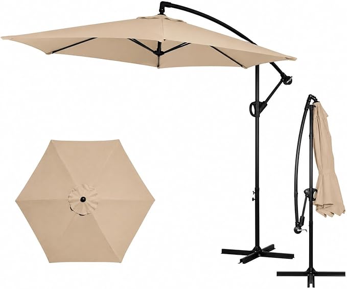 JAMFLY Large 9FT Offset Patio Umbrella with Cantilever Crank & Infinite Tilt, Heavy Duty Outdoor Hanging Umbrella with Cross Base for Backyard, Deck, Poolside