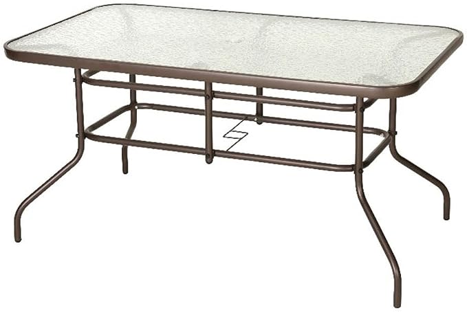 Afuera Living Rectangular Glass Metal Patio Table, 31.5" x 55", Bronze Frame, Clear Tempered Glass Top with Rippled Design and 2.5" Umbrella Hole, Seats 6, All-Weather Outdoor Dining Table