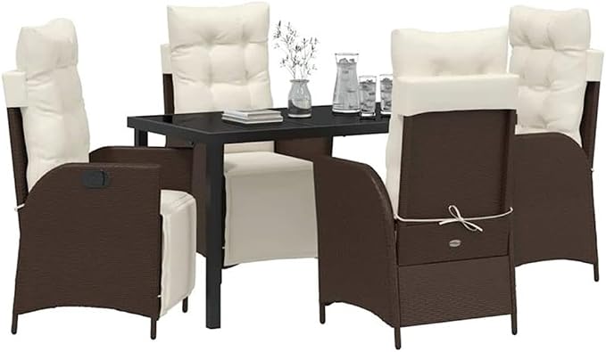 Afuera Living 5 Piece Poly Rattan Garden Dining Set, Brown Finish, Cushioned Seats with Polyester Pads, Adjustable Footrests, Rectangular Table with Tempered Glass, Modern Outdoor Patio Furniture for
