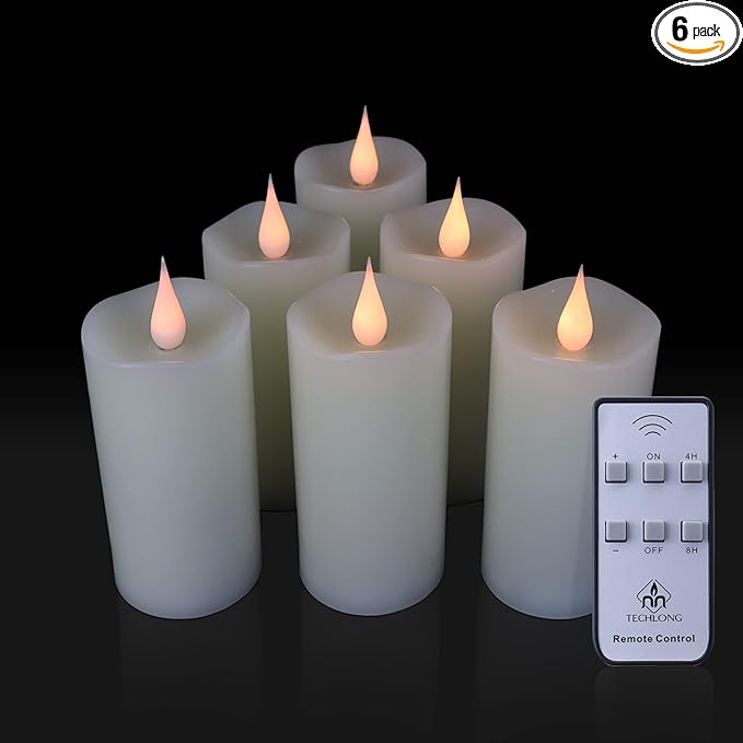 TECHLONG Flickering Flameless Candles with 3D Moving Flame, 6 Pack Battery Operated Candles with Remote Timer, 2" x 4" Ivory Real Wax Pillar Electric LED Candle for Wedding Party