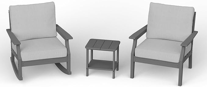 HDPE Patio Conversation Set, 3-Piece All Weather Outdoor Furniture Set with 1 Single Sofa，1 Rocking Sofa for Deck, Lawn, with Cushion, Gray