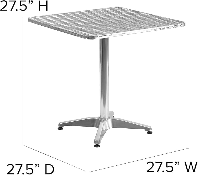 Pemberly Row Square Bistro Table, 27.5 in Aluminum and Stainless Steel, Smooth Designer Tabletop, Lightweight Indoor/Outdoor Patio Dining Table for Commercial or Residential Use