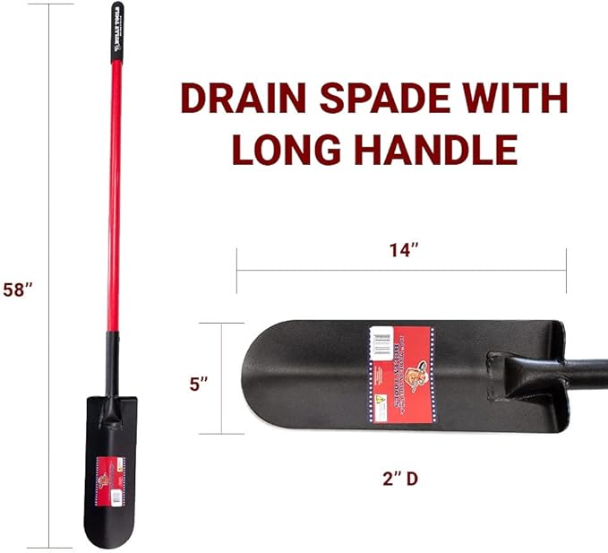 Bully Tools Drain Spade Shovel – Heavy Duty 12-Gauge with Long Fiberglass Handle for Digging, Trench Work, Garden Tasks, Shovels for Gardening and Soil Cutting, Durable Digging Shovel Design, 58-Inch