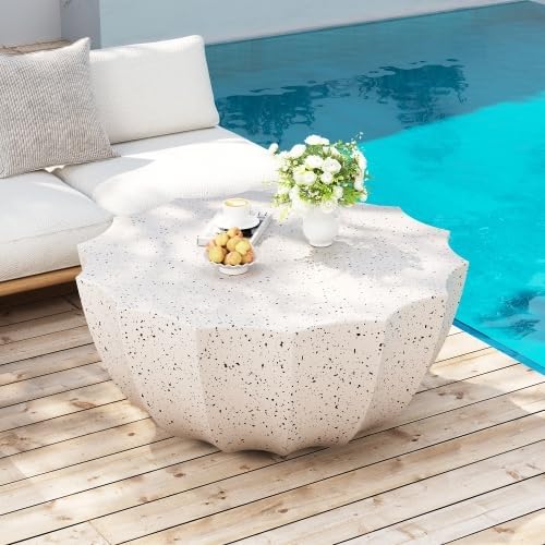 35" Indoor Round Coffee Table, Waterproof Coffee Table Modern MgO Cement Design End Tables for Living Room, Patio Outdoor Coffee Tables for Garden, Backyard, Balcony, White