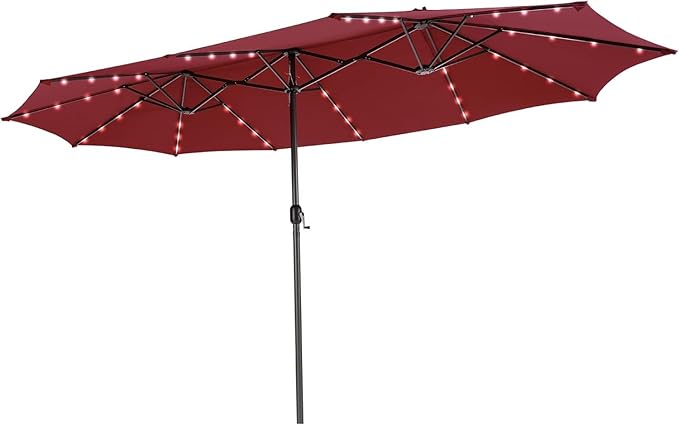 15ft Large Patio Umbrella with 3 Solar panels, 48 Solar LED Lights Base NOT Included, Outdoor Double-Sided Rectangle Market Umbrella with Crank Handle, Perfect for Pool, Lawn, and Garden (Pole Diameter 1.9 inch)