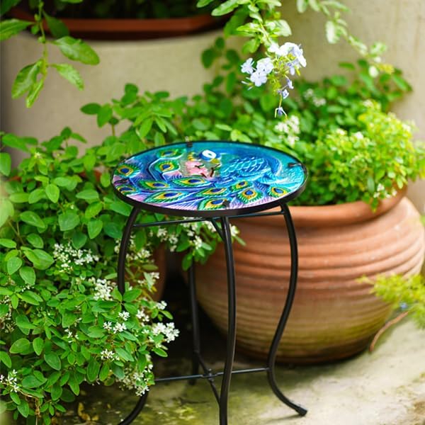 13.5 Inch Round Peacocks Glass Side Table, Patio Small Table, Outdoor Side Table, Outdoor Bar Table, Metal Glass End Table for Porch Garden Patio Pool Living Room