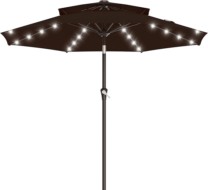 AreShark 9ft 2 Tiers Patio Umbrella with Solar Lights, Outdoor Umbrella w/ 32 LED Lights&8 Sturdy Ribs, Table Umbrella for Deck, Backyard, Pool(Dark Brown)
