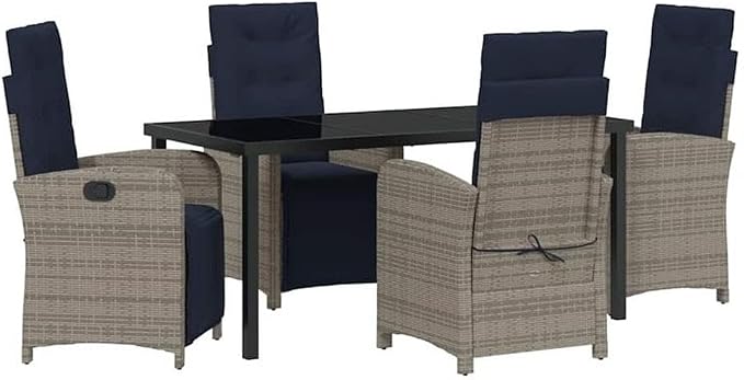 Afuera Living 5 Piece Poly Rattan Garden Dining Set, Gray, Cushioned Seats, Glass-Top Table, Adjustable Backrests, Weather-Resistant, Steel Frame, Modern Outdoor Patio Furniture for Gardens and