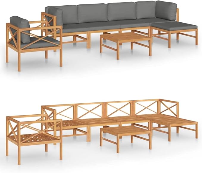 Backyard Furniture Patio Conversation Sets Outdoor Seating 7 Piece Patio Lounge Set with Gray Cushions Solid Teak Wood Suitable for Swimming Pool, Courtyard, Garden