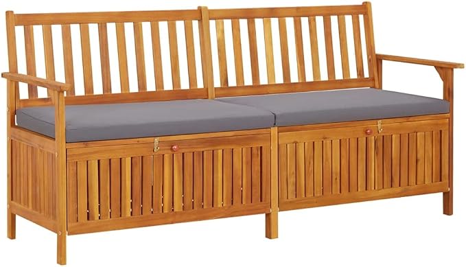 Patio Storage Bench with Gray Cushion, Outdoor Wooden Deck Box, Solid Wood Patio Furniture for Outdoor Cushions, Pool Storage and Garden Tools, 66.9"x24.8"x33.1", -335