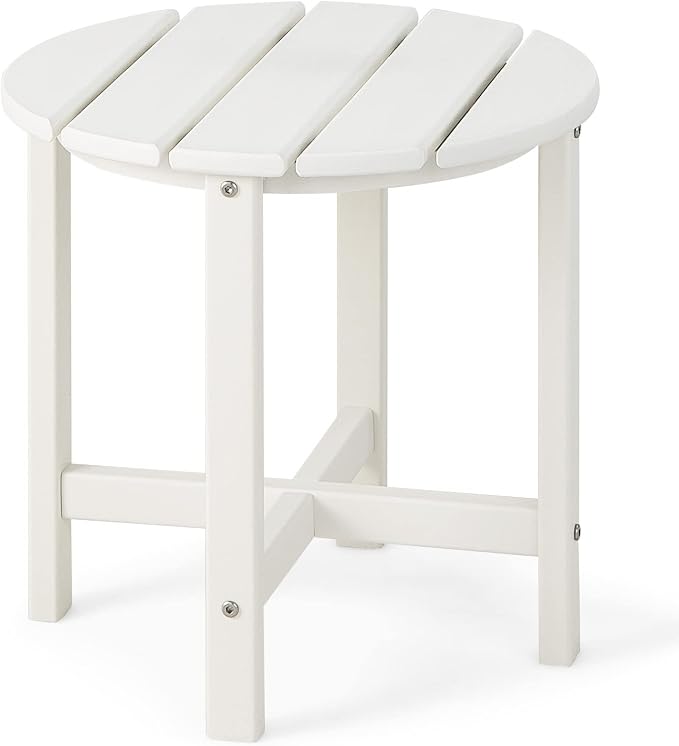 Tangkula Round Outdoor Side Table, 18" Weather Resistant HDPE Adirondack Table, Outdoor Indoor Chairside End Tables, Patio Side Table for Lawn Garden Balcony Backyard, Easy Assembly (1, White)
