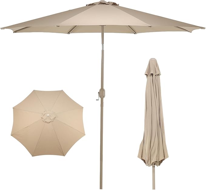 BPS 9FT Outdoor Patio Umbrella, Outdoor Market Table Umbrella with 8 Sturdy Ribs, Push Button Tilt and Crank for Garden, Deck, Backyard, Poolside