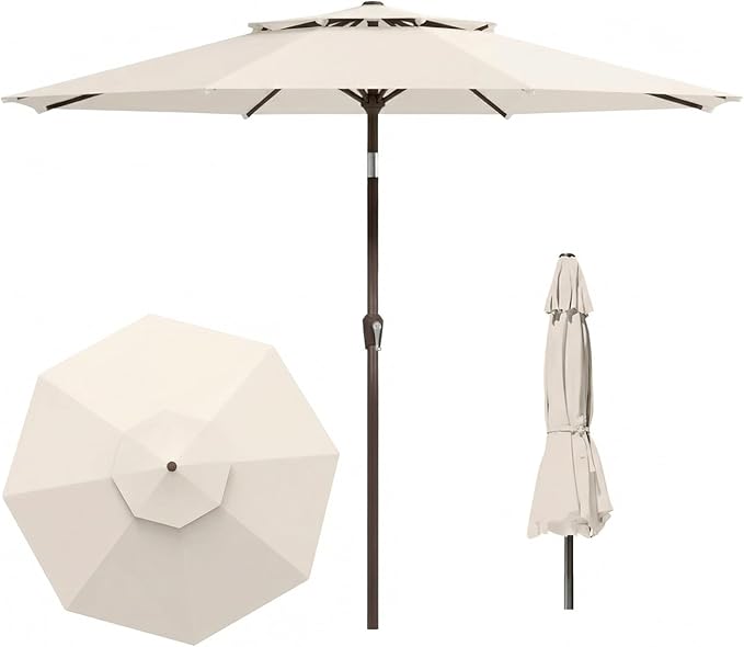 Outdoor Patio Umbrella, 2 Tiers Market Table Umbrella with 8 Sturdy Ribs, Push Button Tilt and Crank, UPF50+ UV Protection for Deck, Pool, Garden and Backyard