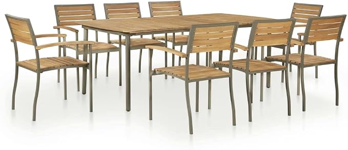 9-Piece Outdoor Dining Set, Acacia Wood Patio Table with 8 Stacking Chairs, Industrial Style Garden Furniture for Backyard, Deck, and Terrace