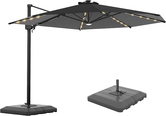 FLAME&SHADE 11ft Cantilever Patio Umbrella with Base, Round Offset Umbrella with Solar Light Strips, Large Heavy Duty Outdoor Aluminum 360° Rotation,for Deck,Pool,Backyard