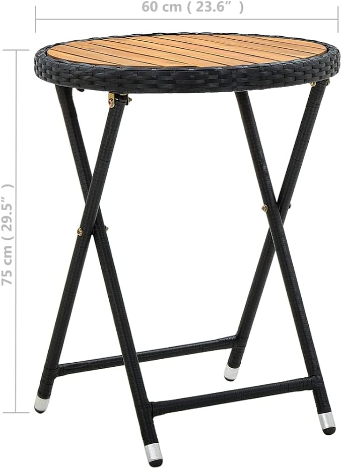 Black PE Rattan Round Folding Tea Table Solid Acacia Wood Compact Foldable Outdoor Indoor Use Rustic Style Balcony Garden Furniture
