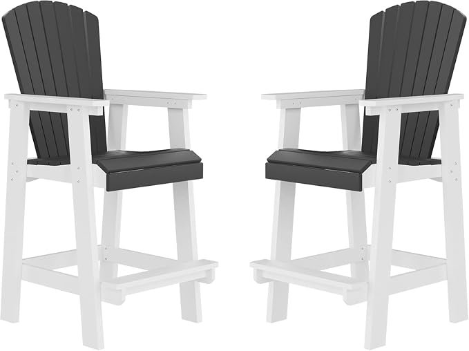 Outdoor Bar Height Chairs, Tall Adirondack Chairs Bar Stools with Arm for Backyard Deck Balcony Front Porch White & Grey