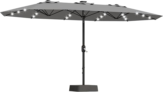 15FT Outdoor Double-Sided Umbrella With Solar Lights, Large Rectangle Patio Market Umbrella, 36 PCS LED Lights, Suitable for Poolside Lawn Backyard, Base Included