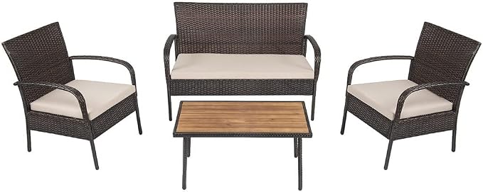 4PCS Patio Rattan Furniture Set Outdoor Conversation Coffee Table W/Cushions Single Chair