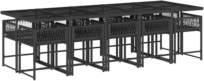 Afuera Living 11-Piece Rectangular Rattan Garden Dining Set, Black/Cream White, UV-Resistant PE Rattan, Powder-Coated Steel Frame, Foldable Table, Removable Cushions, Outdoor Patio Furniture, Seats 10