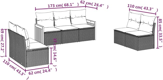 7 Piece Patio Sofa Set with Cushions, Patio Conversation Set Front Porch Furniture Porch Furniture Set Garden Lounge Set for Poolside Negotiation Area Garden Exhibition Black Poly Rattan