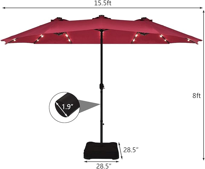 Tangkula 15 Ft Solar Patio Umbrella with Base, Extra Large Outdoor Double-Sided Twin Umbrella with 36 LED Lights & Crank Handle for Garden, Deck, Poolside, Patio (Burgundy)