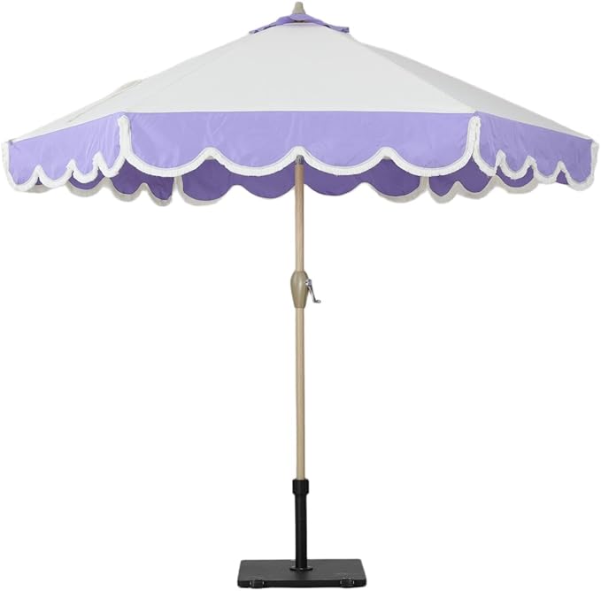 Tempera 9ft Beige Spliced Purple Tassels Scallop Patio umbrella,Outdoor Table Market Umbrellas with Crank & Pust Button Tilt, Wood Color Pole and 8 Steel Ribs