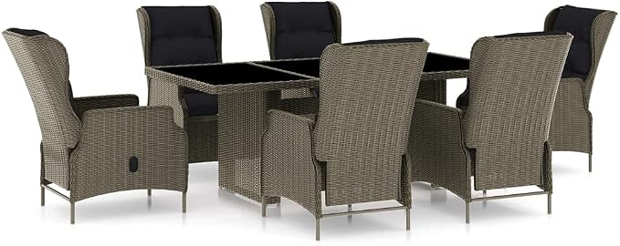 7 Piece Outdoor Patio Dining Set with Cushions, Brown Poly Rattan Wicker Furniture with 6 Reclining Chairs and Glass Table, Adjustable Backrest Garden Porch Balcony Conversation Set for Backyard