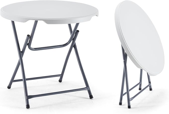 KAIHAOWIN Plastic Folding Table-31.5" Small Round Table with Foldable Legs Portable Table for Dining Party Camping Indoor Outdoor Use-White