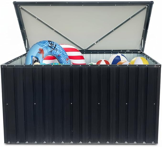 Outdoor Storage Box Metal, Waterproof Deck Box Lockable with Lid, Large Patio Garden Storage Container for Cushions Pillows Toys Tools Heavy Duty Black Medium Storage Chest