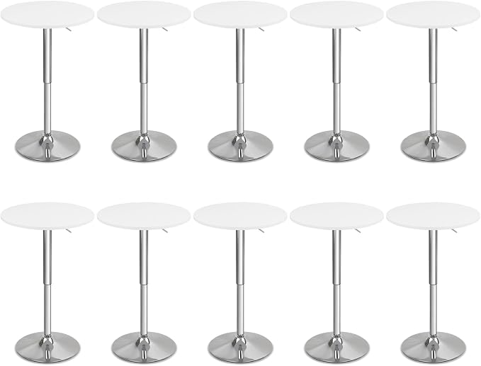 CLATINA Round Bar Pub Tables Set of 10, 26-36" Height Adjustable Bistro Table with Metal Base, 360° Swivel High Top Cocktail Table for Home Kitchen Party Drink Restaurant Wedding Cafe Reception, White