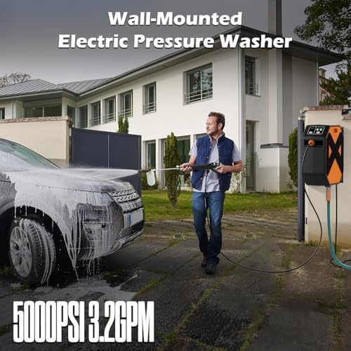GFCI Wall Mounted 5000PSIMAX PowerWasher with 100FT Retractable Hose, 5-Stage Adjustable Press, Foam Cannon & 5 Nozzles for Car, Lane, Patio Cleaning