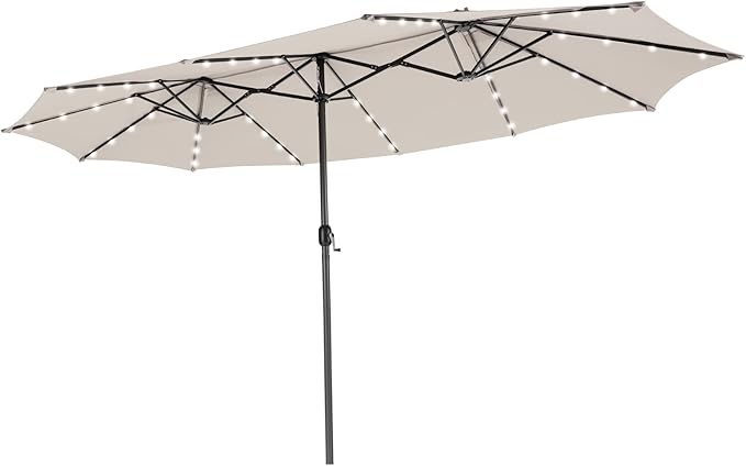 Tangkula 15 Ft Solar Patio Umbrella, Double-Sided Extra Large Outdoor Market Table Umbrella with 48 LED Lights, Crank Handle, 12 Sturdy Ribs for Poolside, Garden & Backyard (Beige)