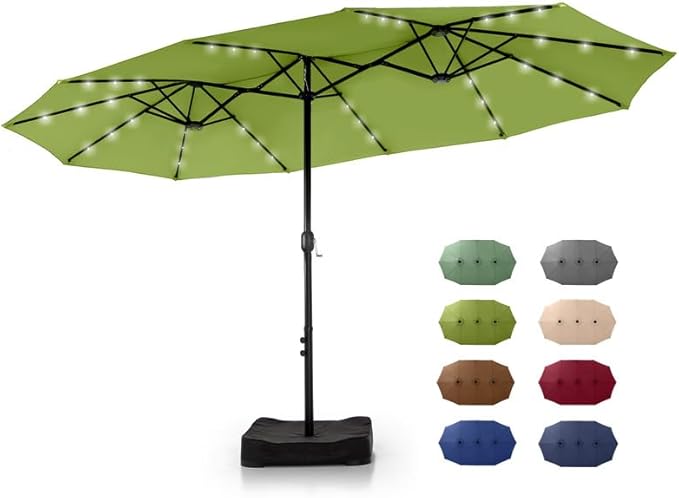 GREEN PARTY 15 ft Large Outdoor Patio Umbrella with Solar Led Lights & Base Included, Double-Sided Rectangular Table Umbrella with Stand, Market Umbrellas for Deck Poolside Garden Backyard, Lime Green