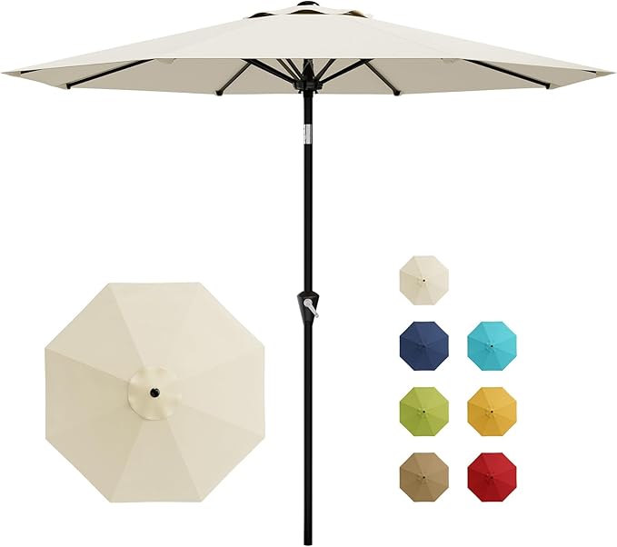 GarveeLife 9FT Umbrella Outdoor Patio, Table Umbrella with Push Button Tilt and Crank, 8 Sturdy Ribs Waterproof UV Protection for Garden, Pool, Deck, Backyard, Market (Beige White)
